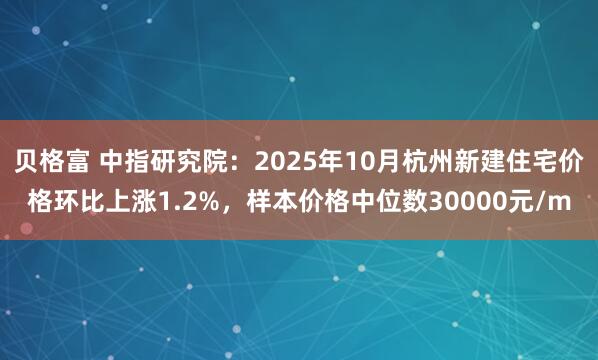 贝格富 中指研究院：2025年10月杭州新建住宅价格环比上涨1.2%，样本价格中位数30000元/m